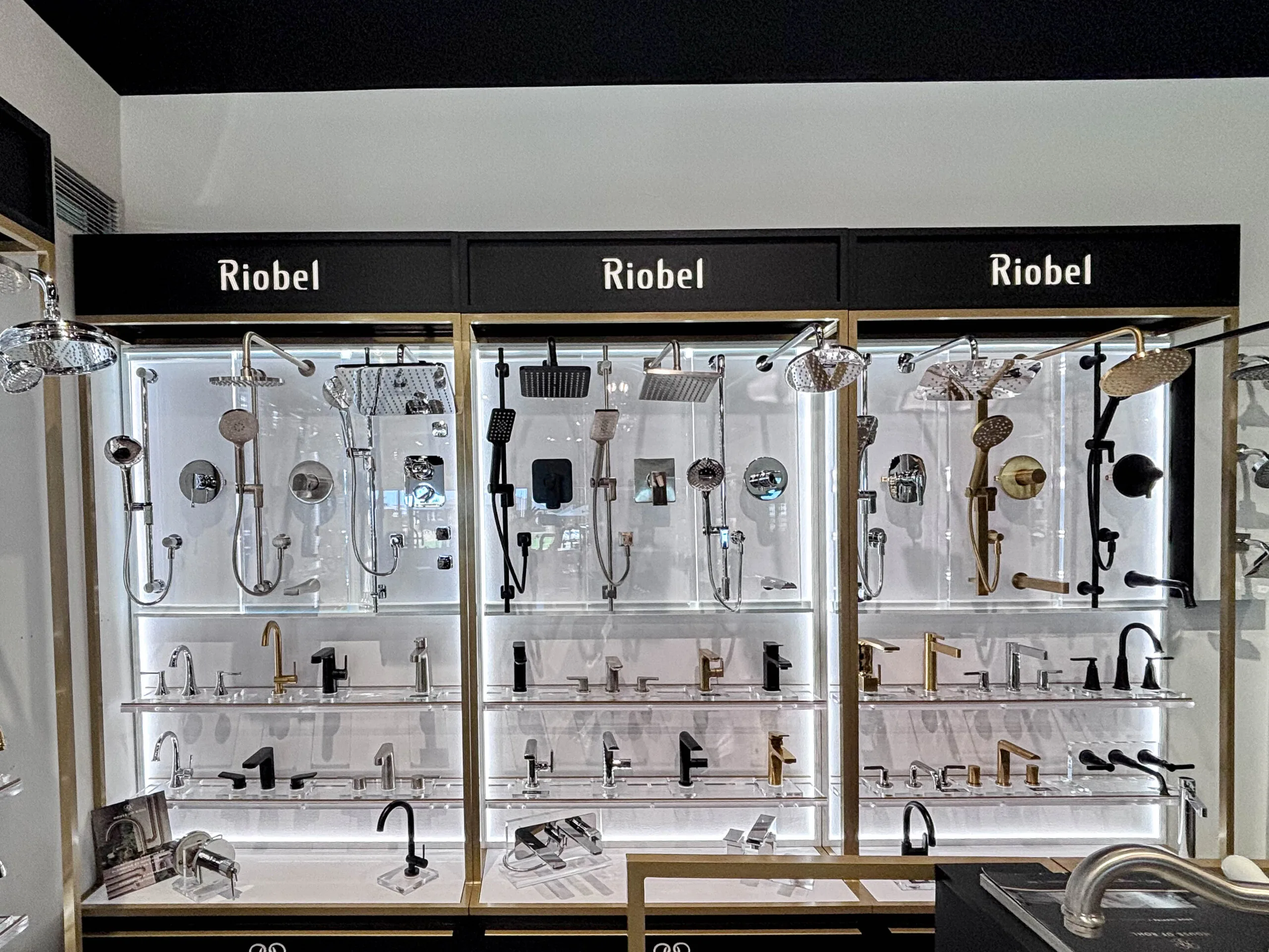 Riobel shower and faucet display wall in the showroom